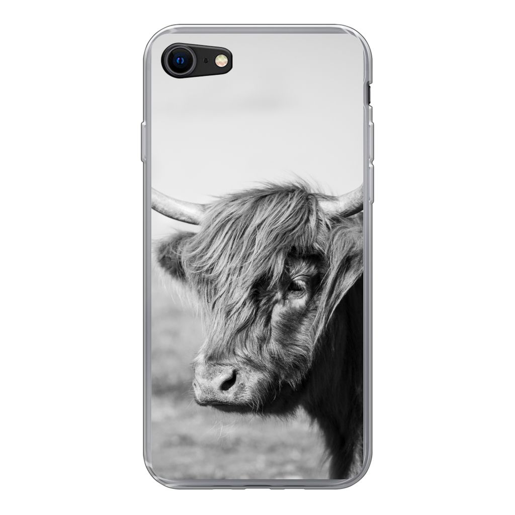 MuchoWow Handyhülle Schutzhülle Hülle für iPhone 7 Schottischer Highlander - Tiere - Schwarz - Weiß Silikon Softcase Handy Hülle - Kartenha...