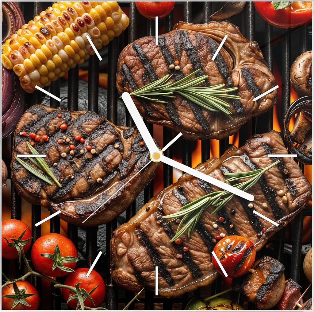 Wanduhr aus Glas mit Motiv Grillplatte- 30 x 30 cm - inkl. Aufhängesystem