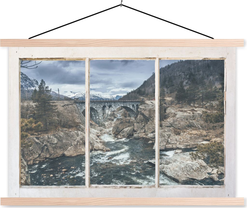 MuchoWow Textilposter Aussicht - Brücke - Wasser 120x80 cm mit holzfarbenen Rahmen - Aufhängeset