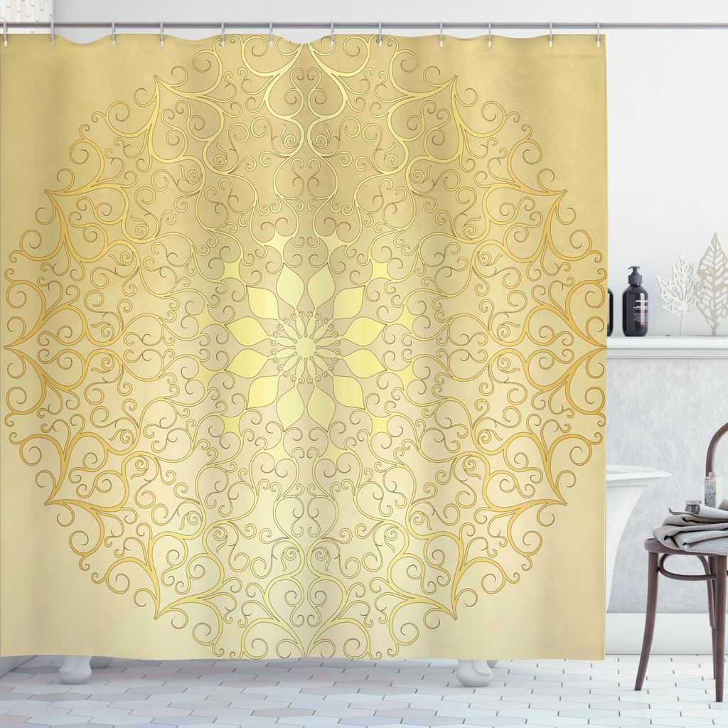 ABAKUHAUS Mandala Duschvorhang, Arabesque Einflüsse Kreisförmige Romantische Motiven Muster, 175 x 240 cm, Gelb Blassgelb