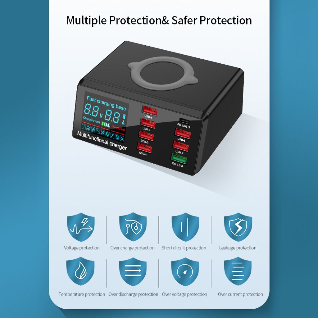 X9 8 Port Wireless USB Ladegeraet Schnellladung PD + QC3.0 Produktbild 10