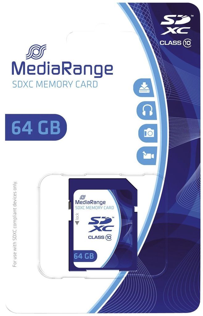 MediaRange MR965, 64 GB, SDXC, Třída 10, 60 MB/s, 15 MB/s, Obrázek produktu 