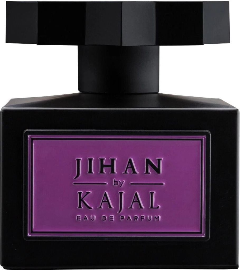 A black perfume bottle with a purple label.