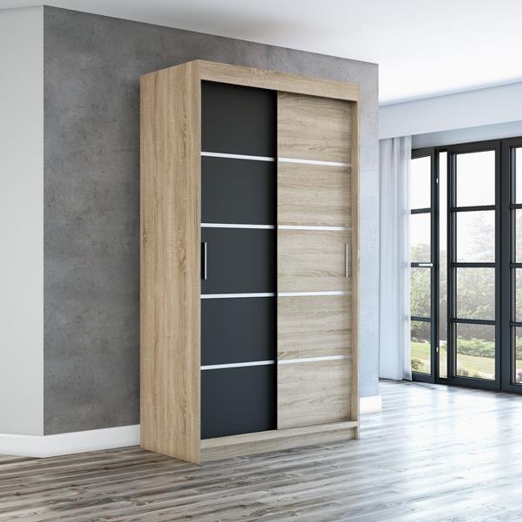 Schwebetürenschrank, 2-türig Schrank PARIS 120 cm (mit Spiegel) (Sonoma / schwarz / sonoma)