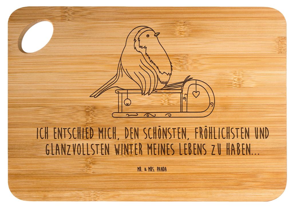 Mr. & Mrs. Panda Hackbrett Rotkehlchen Schlitten - Transparent - Geschenk, Weihnachten, Holzbrett, Vogel, Frühstücksbrettchen, Frühstücksbrett,...