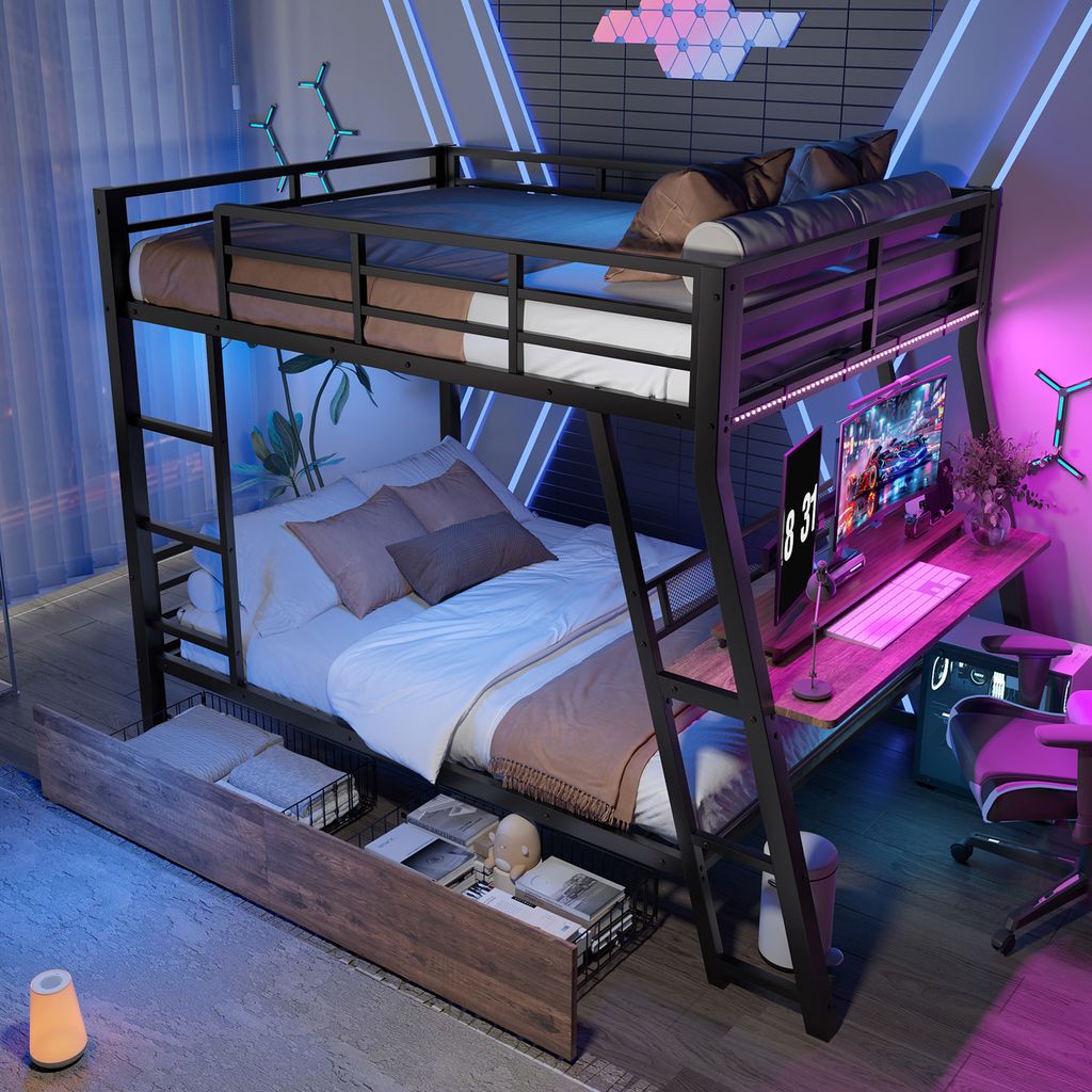 A modern bunk bed with a desk and LED lighting, set up in a bedroom with neon accents.
