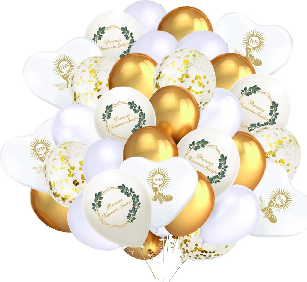 Ballons Première Communion FEUILLES et confettis or pour fête chic