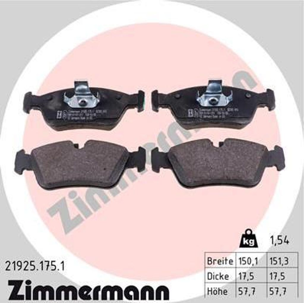 ZIMMERMANN 21925.175.1 Bremsbelagsatz, Scheibenbremse OE 34111164500 kompatibel mit Z4er E85, Z3er E36, 3er E46