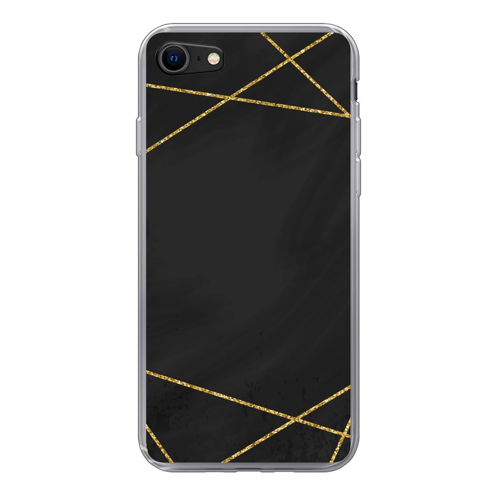 MuchoWow Handyhülle Schutzhülle Hülle für iPhone SE 2022 Geometrisches Muster aus goldenen Linien auf schwarzem Hintergrund Silikon Softcase ...