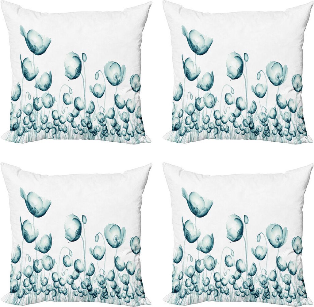 ABAKUHAUS Blume Kissenbezug Set (4 Stück), Poppy Flora windigen Tag, Moderner Doppelseitiger Digitaldruck, 50 cm x 50 cm, Teal weiß