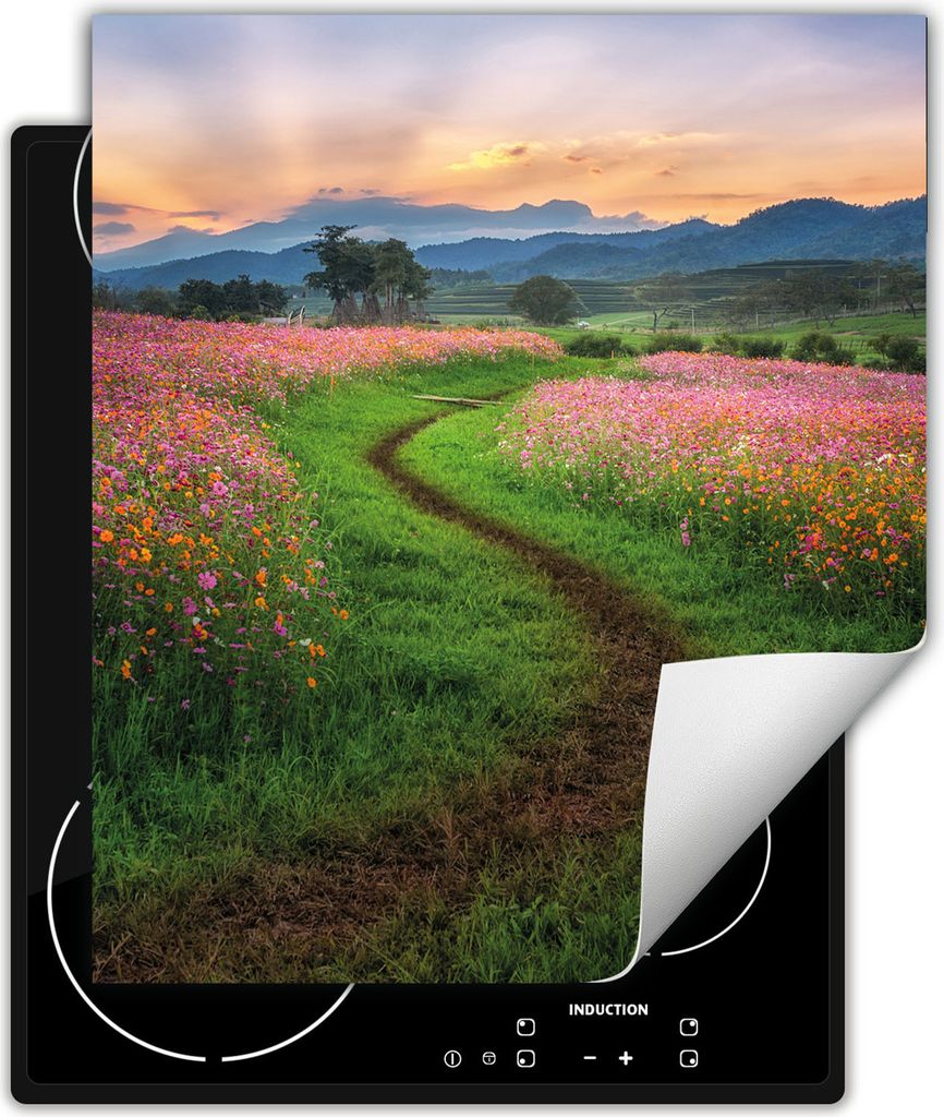 DarHaus Herdabdeckplatte 45x52 cm Anti Rutsch Matte Aufrollbar, Landschaft - Blumen
