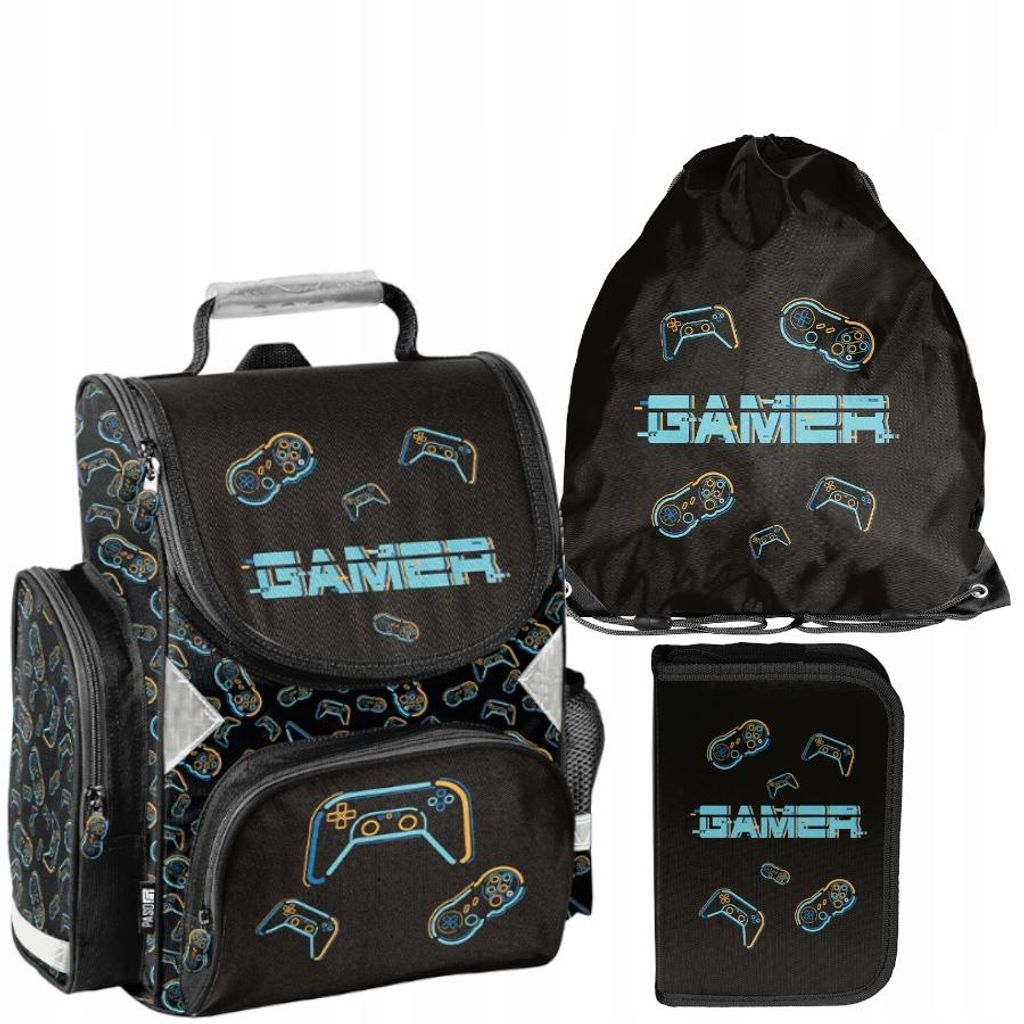 Schulranzen 3-tlg. Set für Mädchen & Jungen GAMER – Paso Ranzen, Mäppchen, Tasche pads