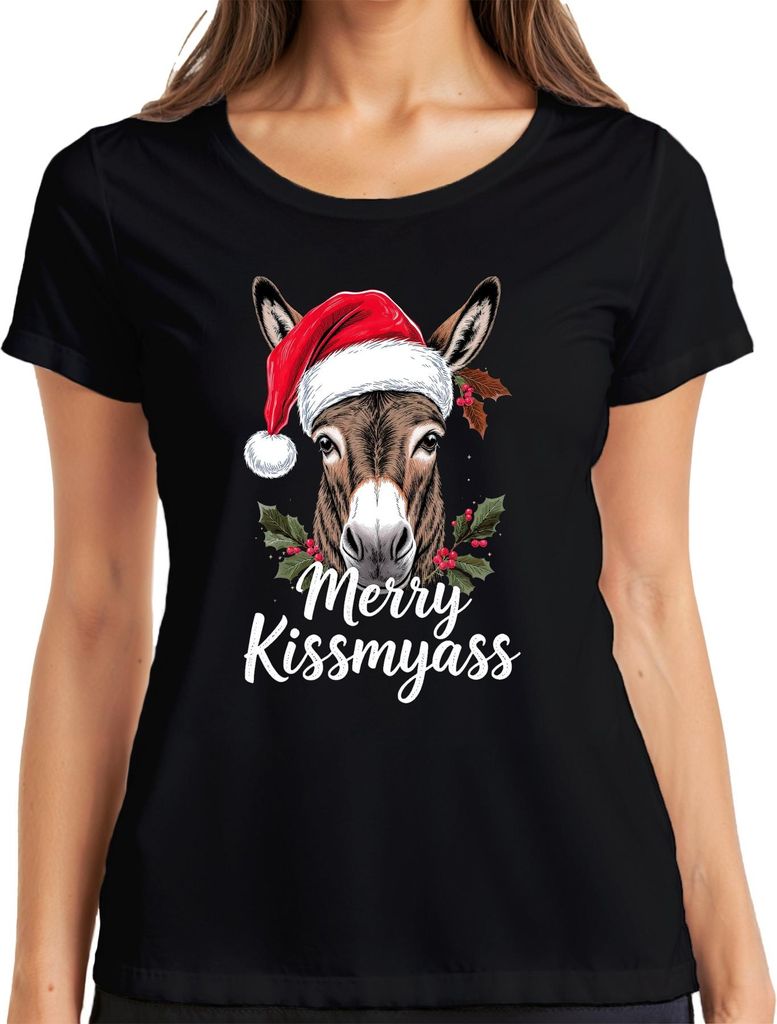 Merry Kissmyass lustiger Esel Weihnachtsesel Weihnachtsmütze Damen T-Shirt, Schwarz, S