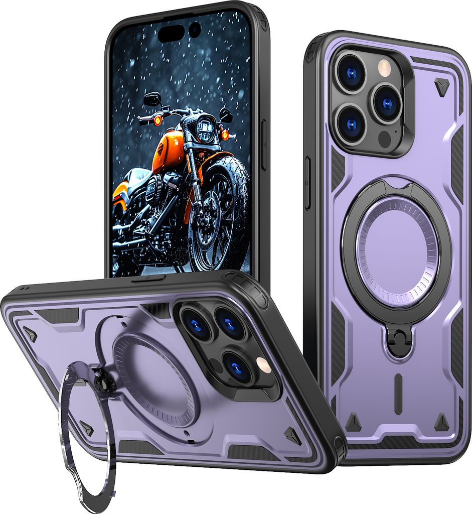 Dual Layer Hülle für iPhone 15 Pro Max Metall Ring Ständer Magnetisch Stoßfest Militär Handyhülle Lila