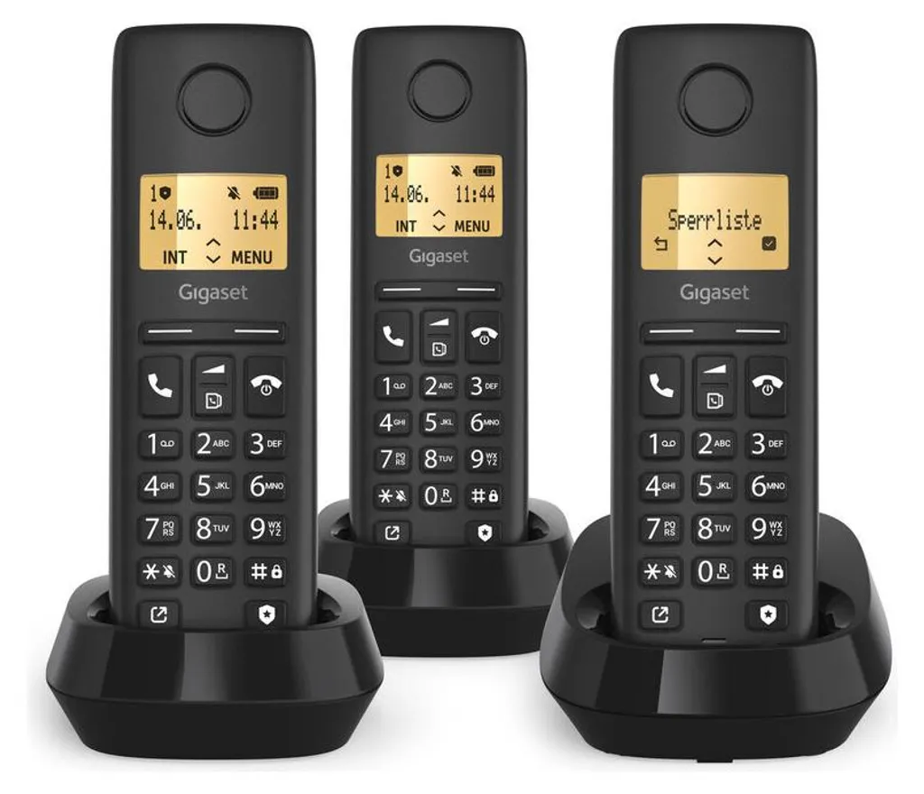 Gigaset Pure 100 Trio Téléphone Sans Fil DECT Noir avec 3 Combinés Eco
