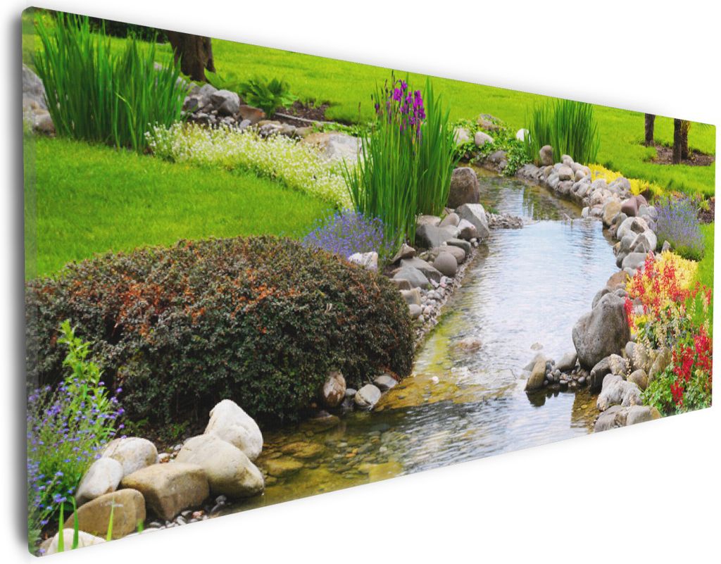Wallario Premium Leinwandbild Blumen am Teich in Größe 30 x 75 cm