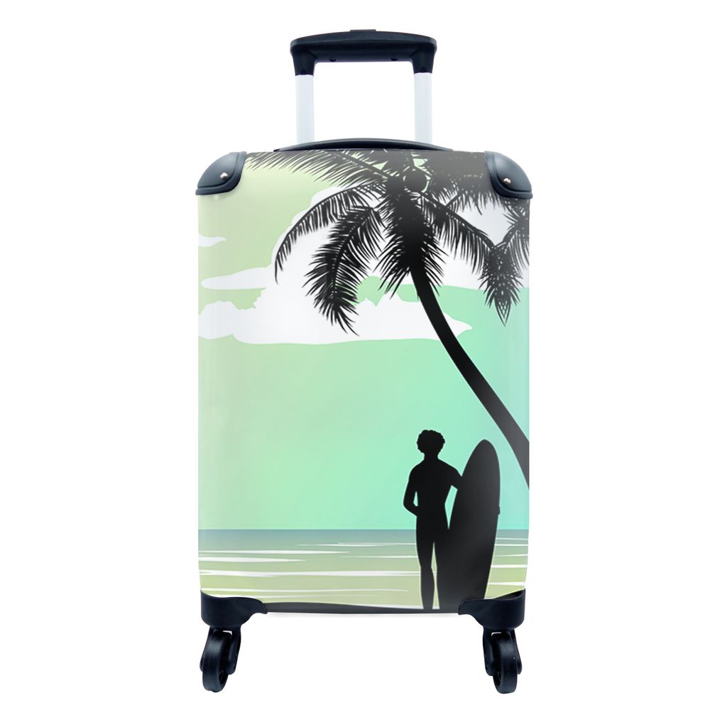 MuchoWow Koffer Handgepäck Trolley Rollkoffer Kleine Reisekoffer mit 4 Rollen - Meer - Surfbrett - Palme - Cabin Size < 55x40x23 cm & 55x40x20 c...