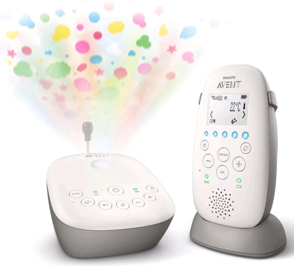 A Philips AVENT baby monitor set, including a parent unit and a baby unit, with colorful projected shapes above the baby unit.