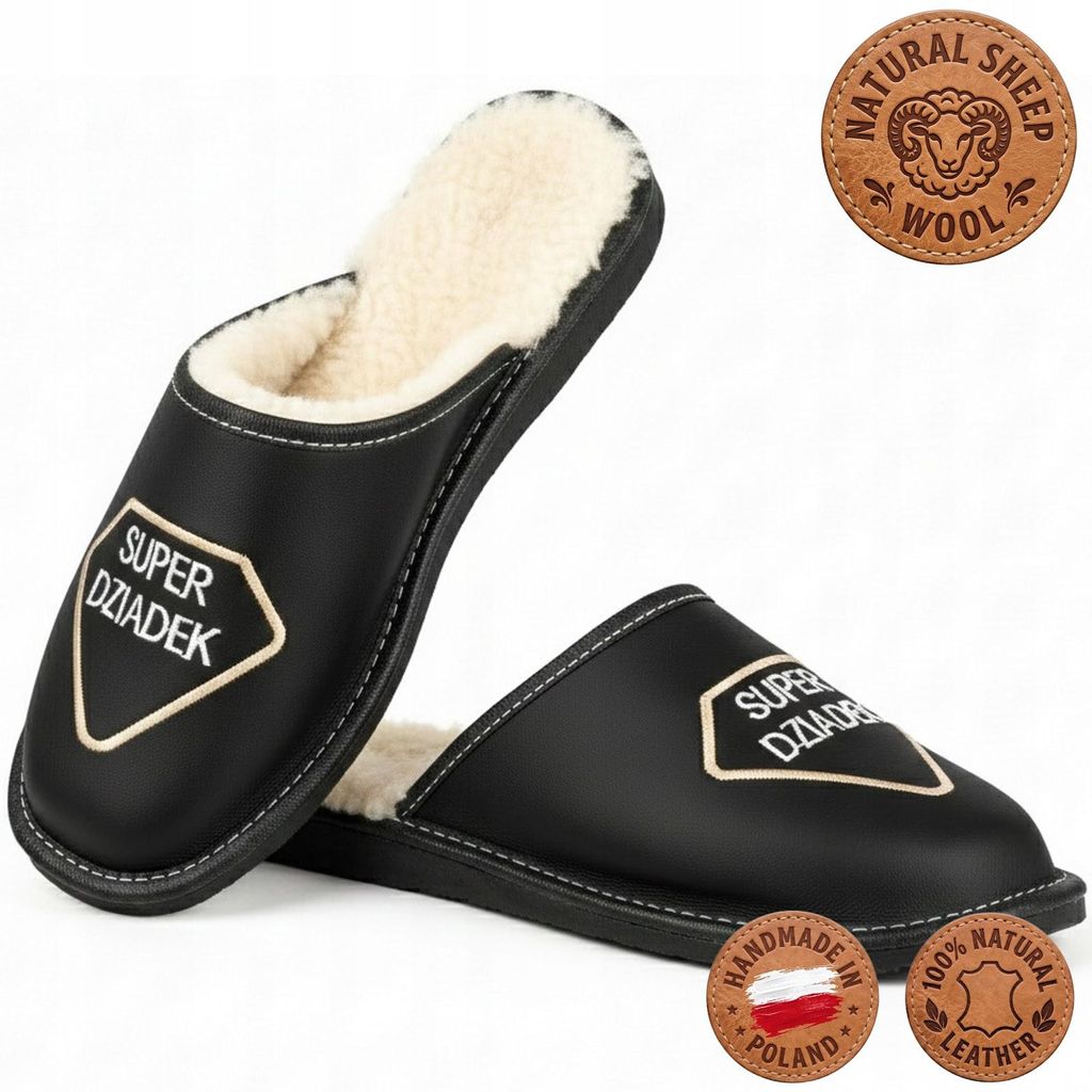 Zapatillas de casa de hombre, cuero, lana de oveja, diseño Imagen del producto 