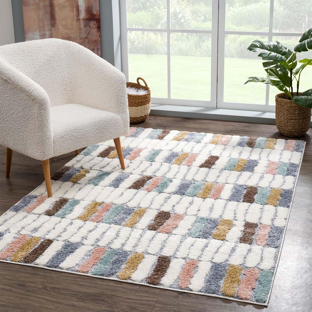 Teppich Hochflor Wohnzimmer - 120x170 cm - Modern Geo-Muster Multi - Hochtief-Muster/ 3D-Effekt