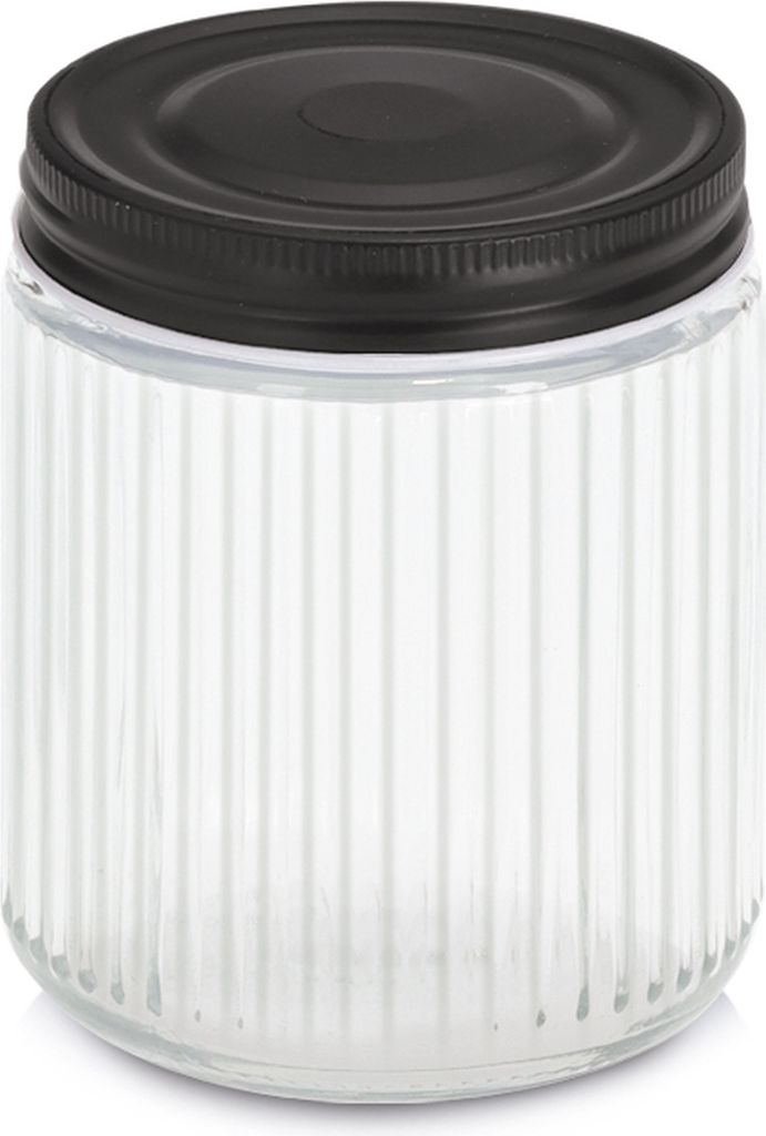 A clear studio shot of a glass jar with a black lid.