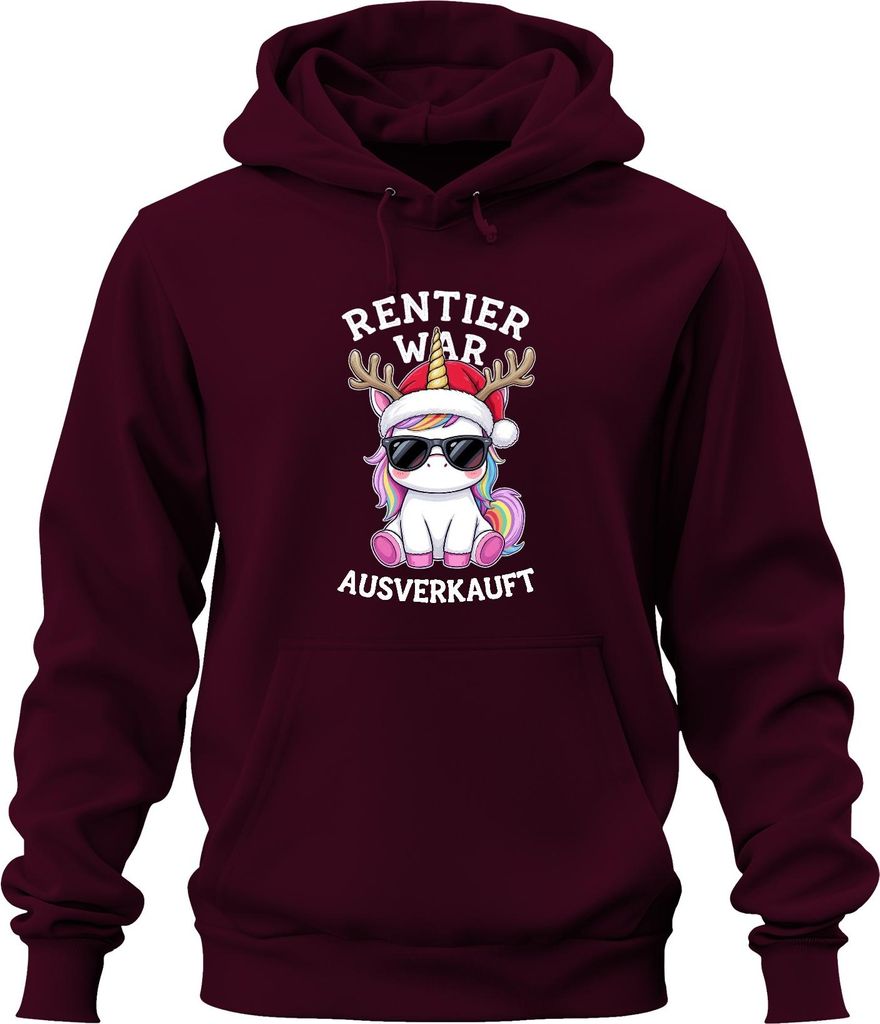 Rentier war t Einhorn Weihnachten lustig Regenbogen Uni Hoodie Kapuzenpullover, Burgundy, L