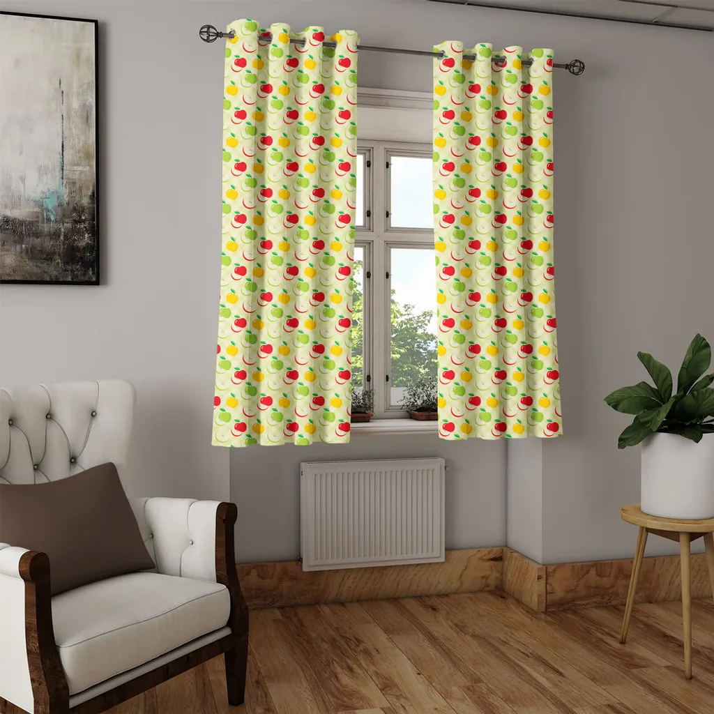 ABAKUHAUS Tenda con occhielli a tema mele, motivo a quadri diagonali con mele e fette Tema retrò-country-cucina, tende decorative a 2 pannelli, 280 cm x 175 cm, verde giallo rosso - 5