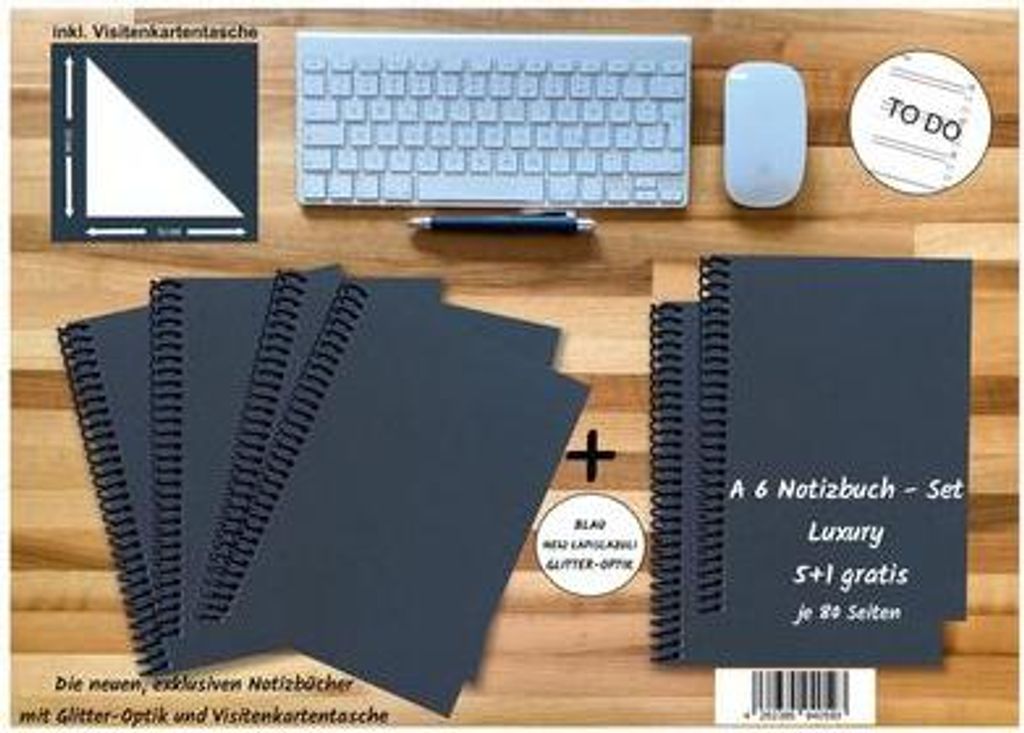 A 6 Notizbuch - Set, 4+2 gratis, Luxury 80 Seiten BLAU NEW LAPISLAZULI GLITTER-OPTIK, to do