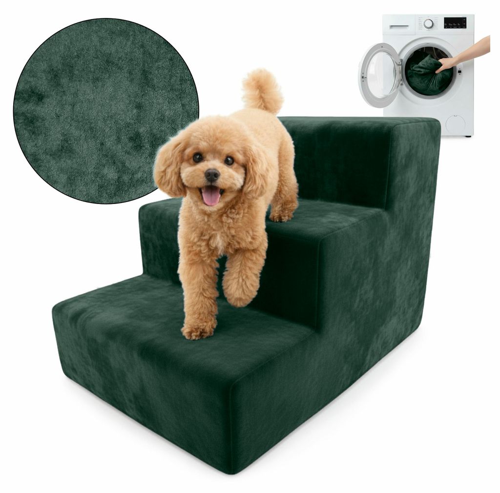 Muralo Treppe für Hund und Katze Rampe HUNDETREPPE Treppe für Haustiere 3 Stufen Flaschengrün Magic Velvet Stoff