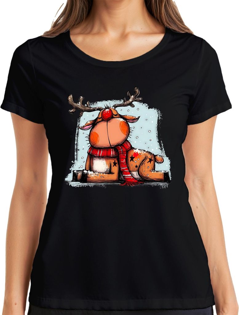 Rudolf Rentier Weihnachten rote Nase roter Schal Geschenk Damen T-Shirt, Schwarz, XXL