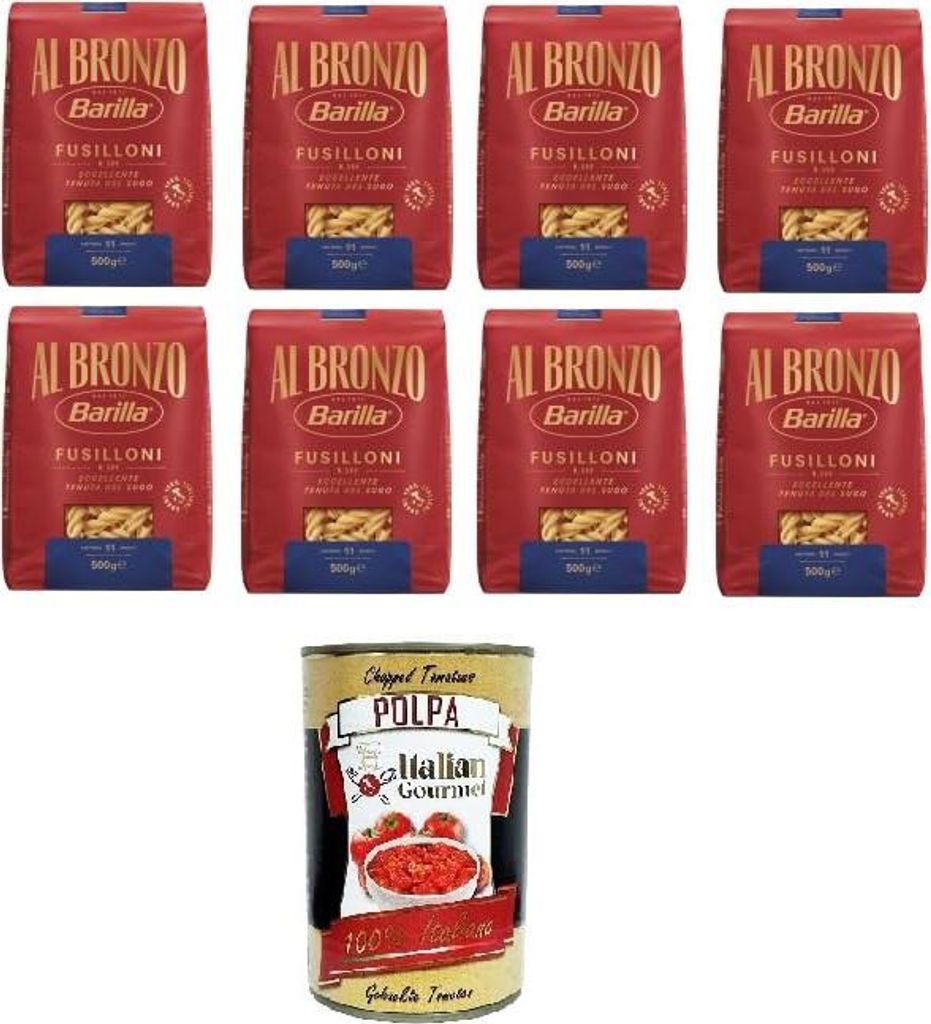 Barilla Al Bronzo Pasta Fusilloni Bronze Gezogene Pasta Rohe Verarbeitungsmethode 8 x 500gr + Italian Gourmet polpa 400g