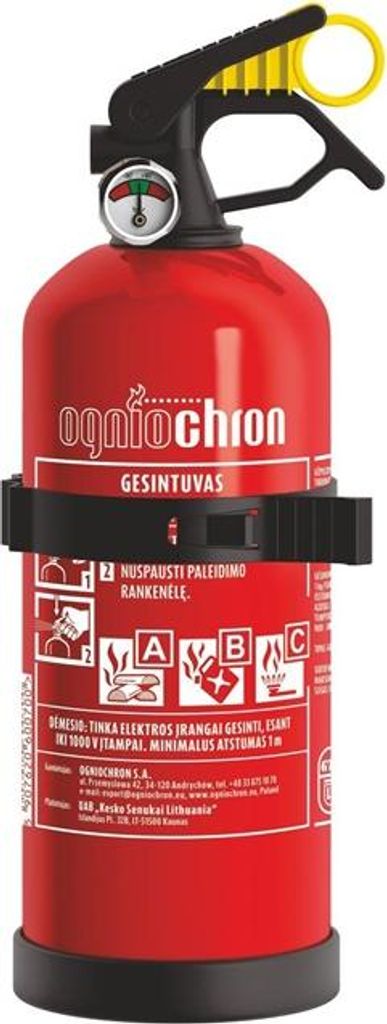 A red fire extinguisher with safety instructions and labels.