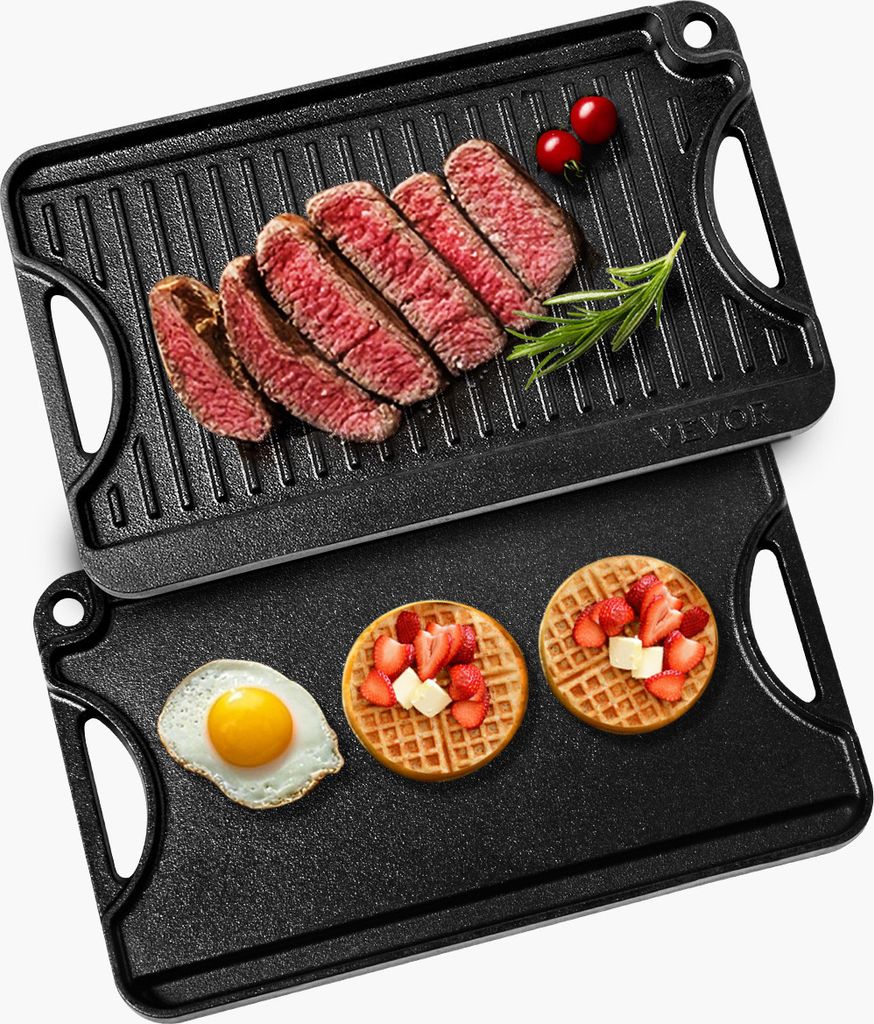 Two cast iron grill pans are shown, one with sliced steak and garnishes, the other with waffles and a fried egg.