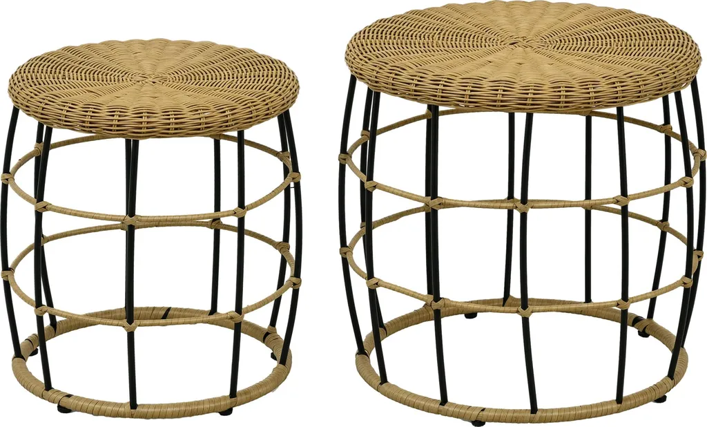 Outsunny Lot de 2 Tables Basses Gigognes de Jardin en Résine Tressée Kaki