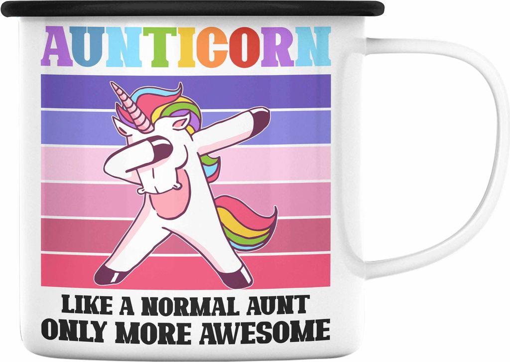 Trendation - Tante Geschenk Emaille Tasse Lustiger Spruch Aunticorn Geschenkidee für Beste Tante (Schwarz)