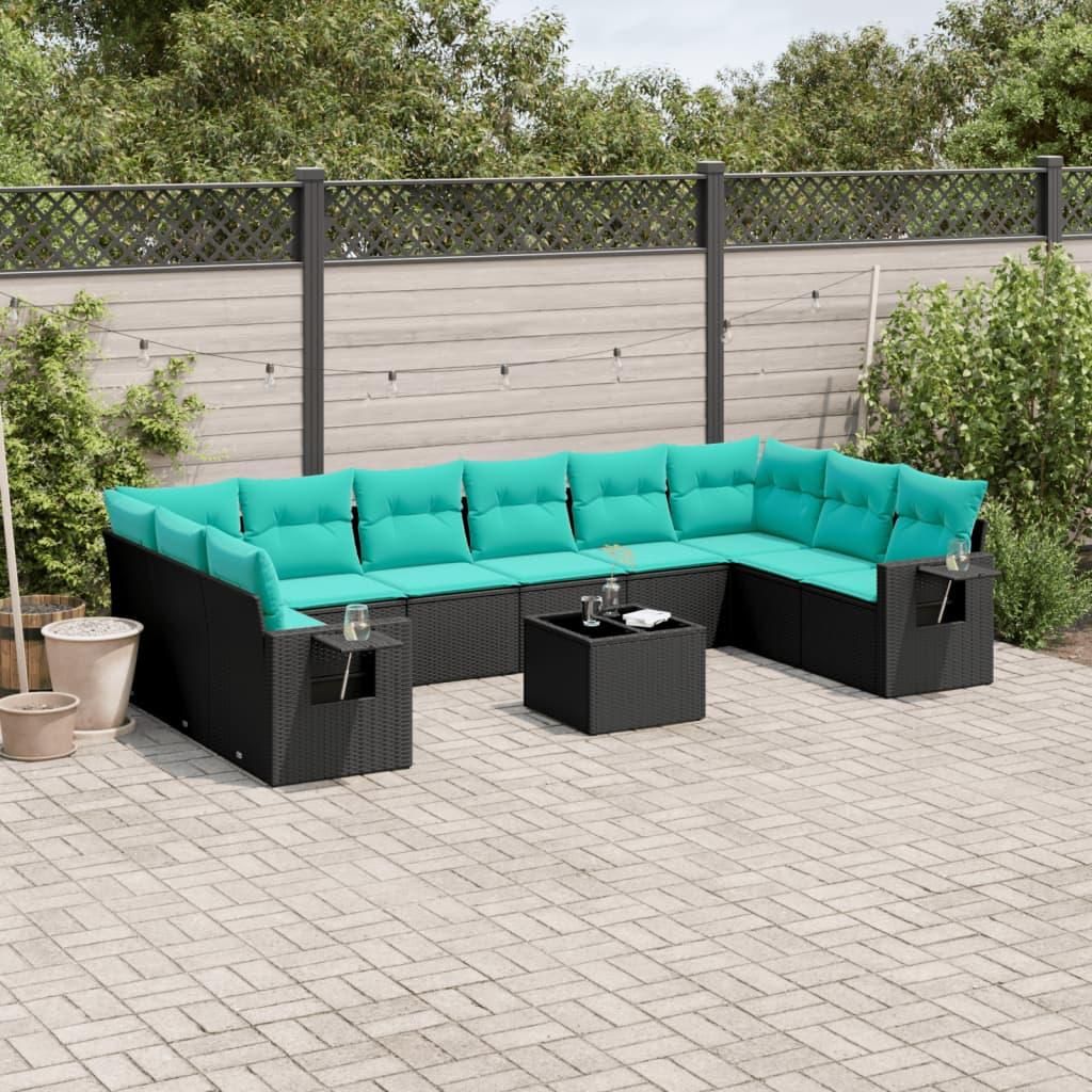 Möbel 11-teiliges Gartensofa-Set mit Kissen, schwarzes Polyrattan - Gartenmöbelgarnituren CC4610