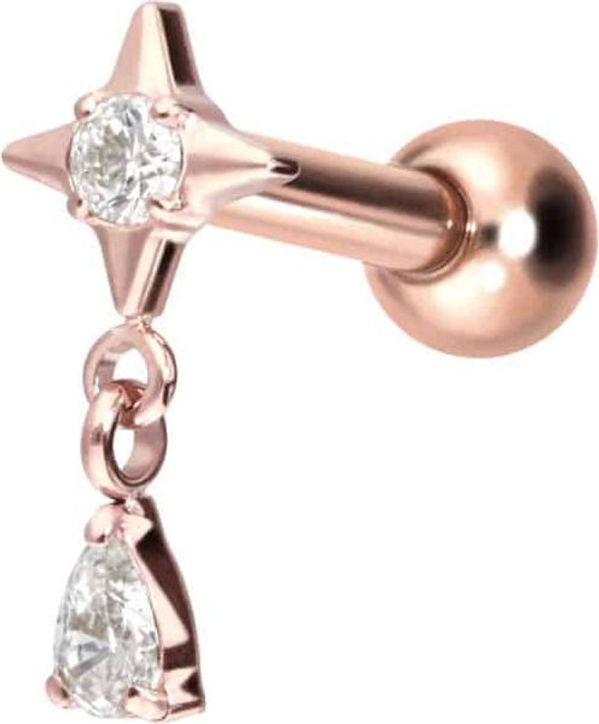 Ohrpiercing Titan Ohrpiercing mit Innengewinde STERN + KRISTALLTROPFEN RoséGold Stablänge: 8mm