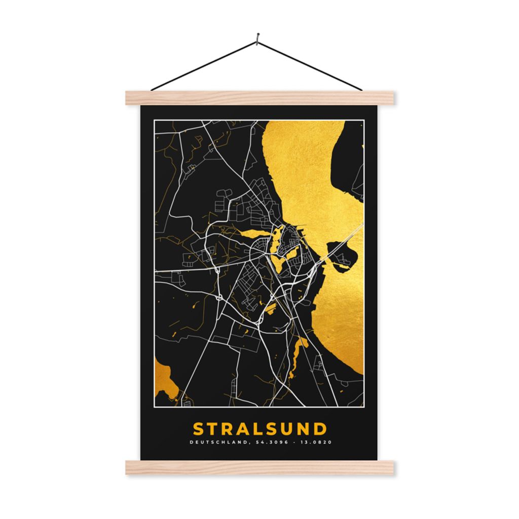 MuchoWow Textilposter Stralsund - Gold - Karte - Stadtplan - Deutschland 40x60 cm mit holzfarbenen Rahmen - Poster