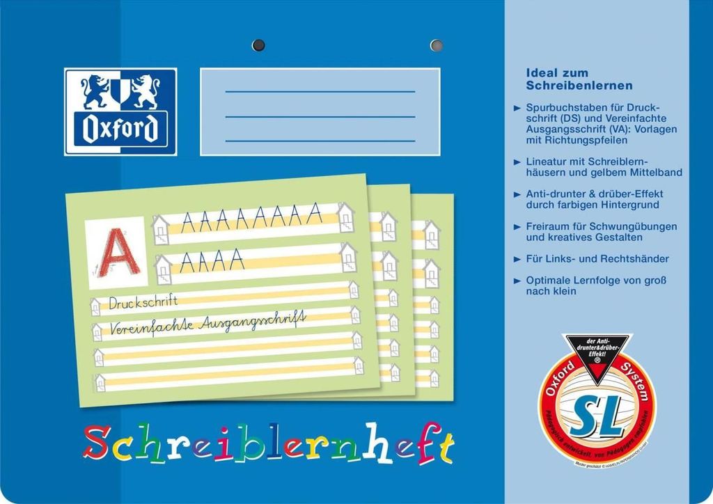 A marketing image for an Oxford Schreiblernheft (writing learning notebook) showing sample pages and highlighting features.