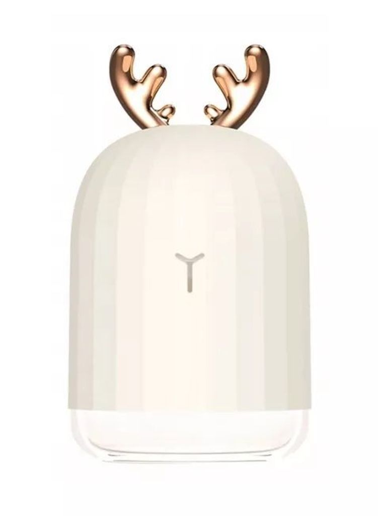 A white humidifier shaped like a deer with gold antlers.