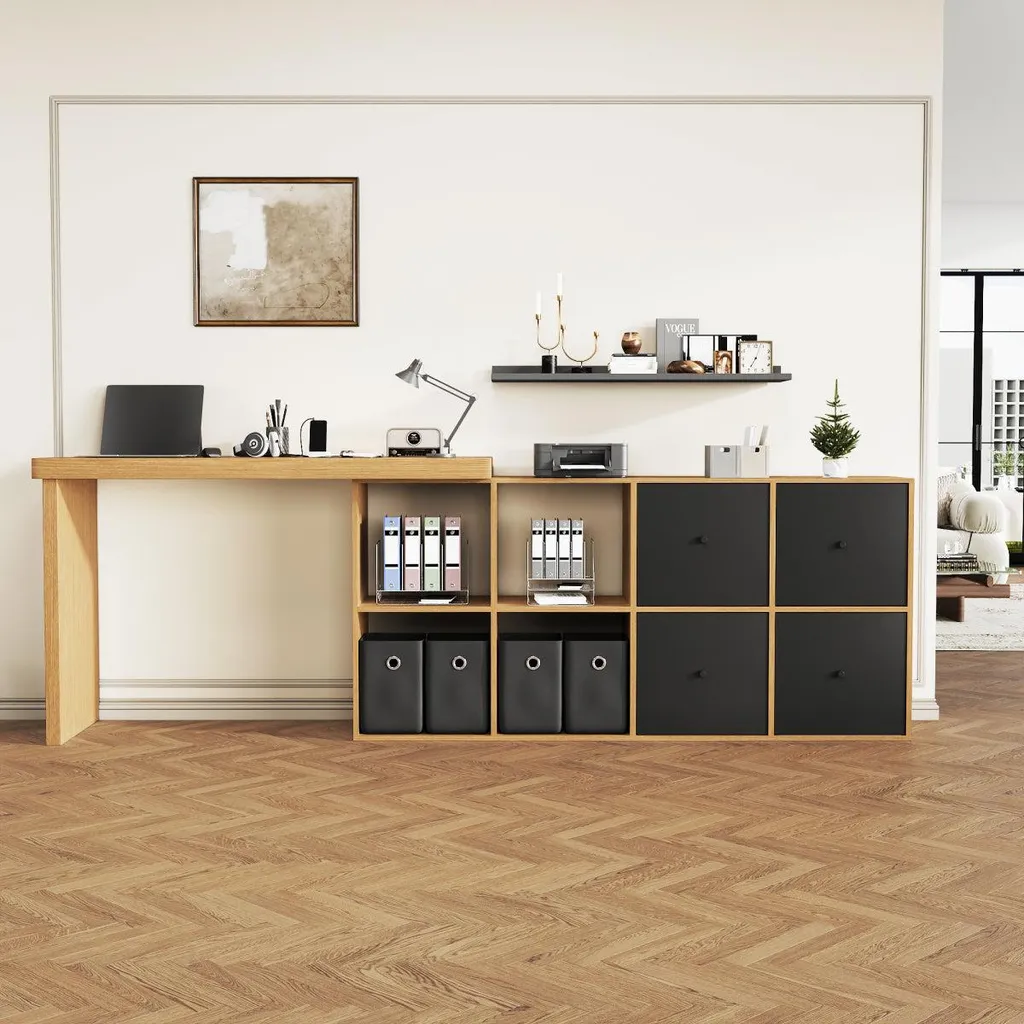 Bureau informatique modulable forme L en bois de chêne avec tiroir