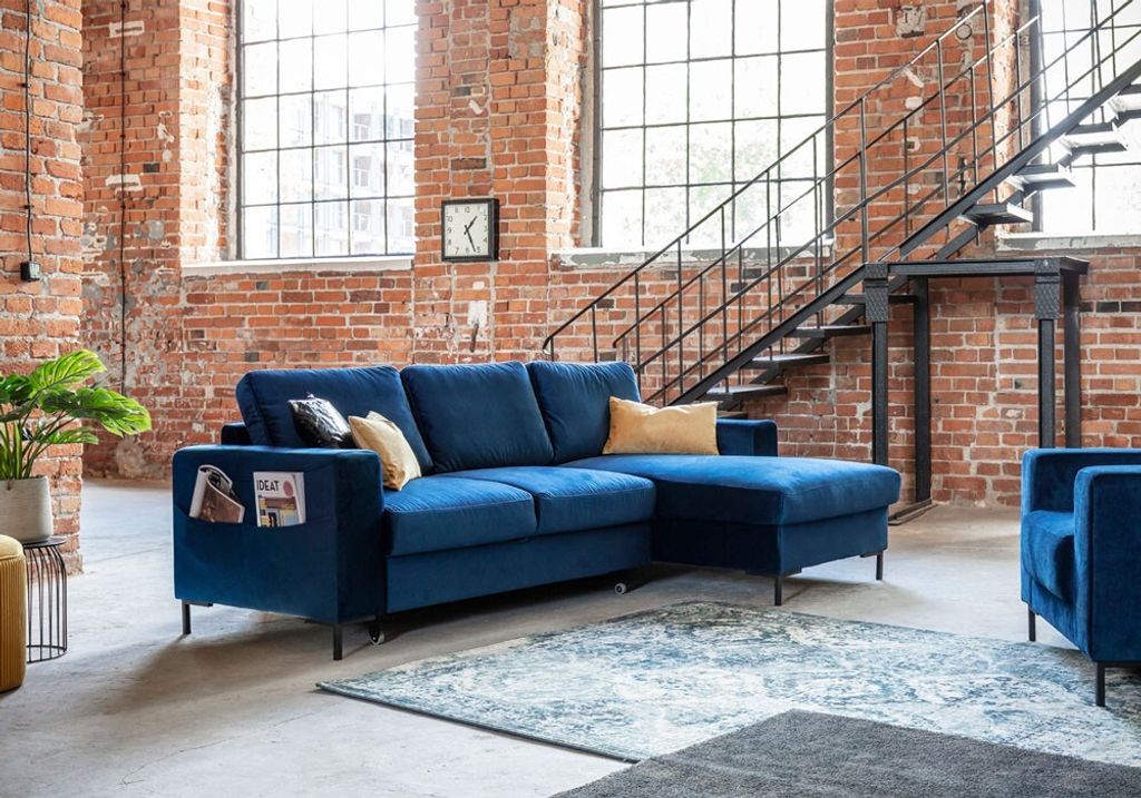 MIUFORM Lofty Lilly - Ecksofa mit Bettfunktion und Bettkasten L-FORM RECHTS - 236x148cm - Velours Marineblau - Sofa Schlafsofa Couch