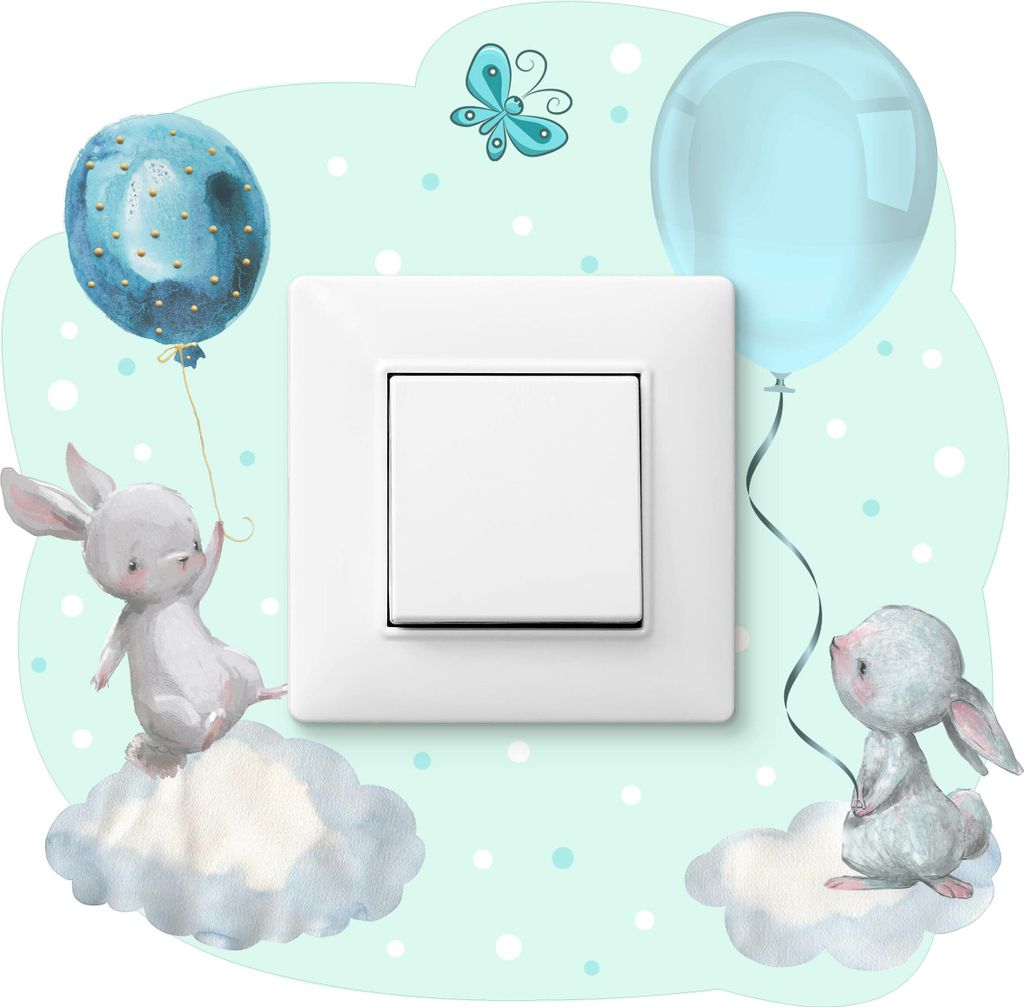 Muralo Lichtschalter-Aufkleber HÄSCHEN Ballons Wolken Punkte 20x20cm Wandtattoo für Kinderzimmer