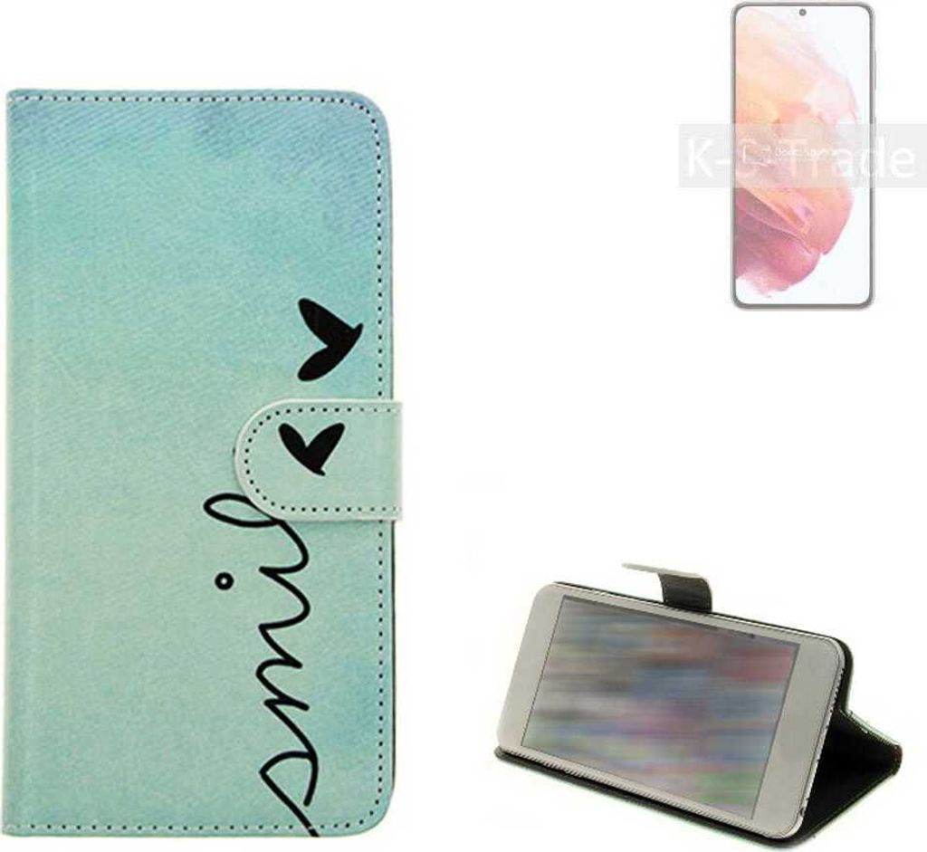 K-S-Trade Schutz Hülle Handy Hülle kompatibel mit Samsung Galaxy S21 5G SD888 Hülle Handyhülle cover bookstyle Etui Handyhülle ''smile'' türkis