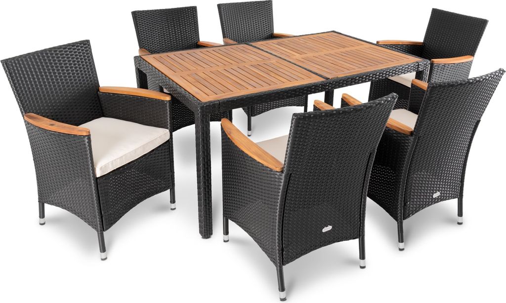 di volio Gartenmöbel-Set VERONA - Essgruppe Garnitur aus Polyrattan, robuste Sitzgruppe mit Akazienholztisch + 6 Stühle, Terrassenmöbel Lounge Set