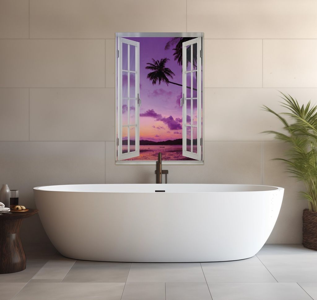 Wallario wasserfestes Poster selbstklebend 91,50 x 61 cm, Sonnenuntergang unter Palmen Himmel in lila und orange, Badezimmerposter Spritzschutz mit...