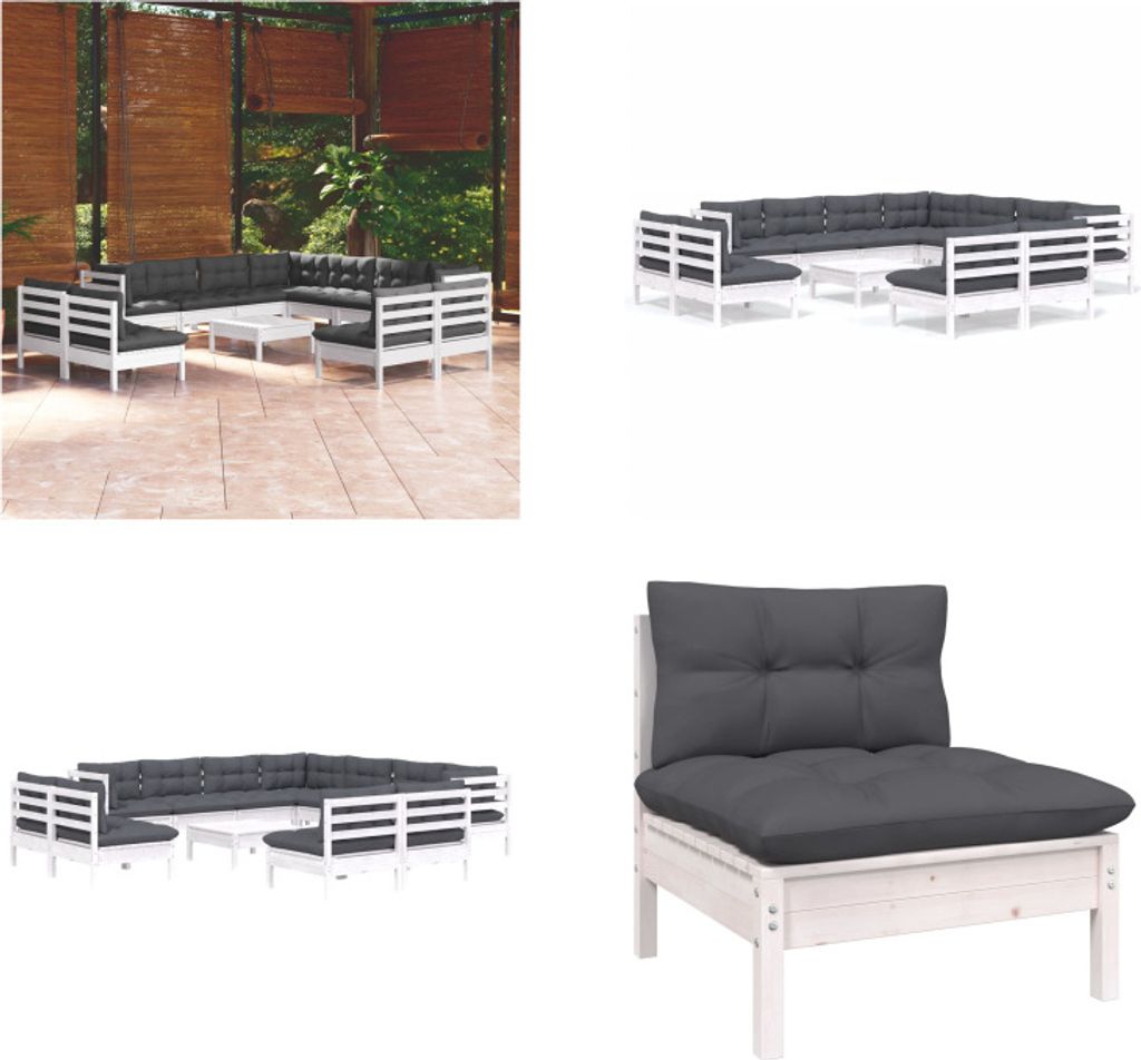 vidaXL 12 tlg. Garten Lounge Set mit Kissen Weiß Massivholz Kiefer - Garten-Lounge-Set - Garten-Lounge-Sets - Gartenmöbel-Set - Gartenmöbel-Sets