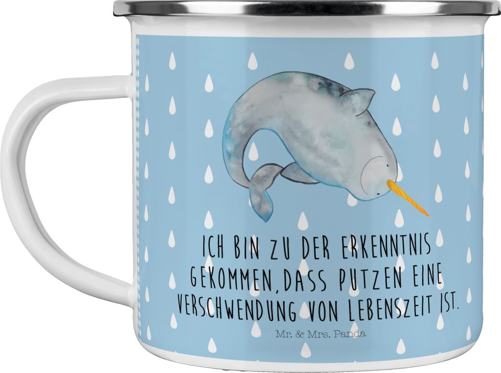 Mr. & Mrs. Panda Pott Narwal - Blau Pastell - Geschenk, Putzen, Teetasse, Aufräumen, Emaille Becher, Wal, Meer, Tasse, wandertasse, Kaffeepott, Ki...