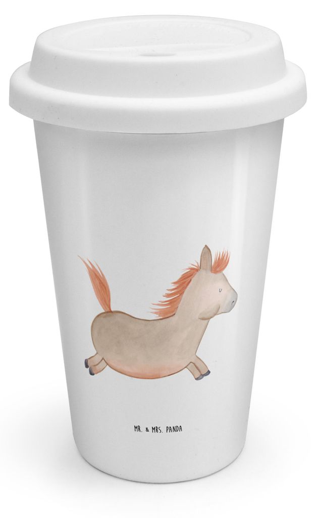 Mr. & Mrs. Panda ToGo Kaffeebecher Pferd Springen - Weiß - Geschenk, To Go, Thermobecher, Stall, Bauernhof, Reiten, Pferde, Pferdestall, Becher, C...