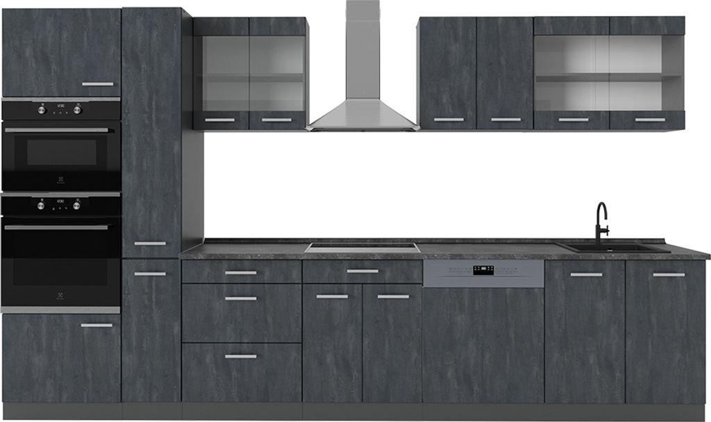 Küchenzeile Vicco R-Line Schwarz Beton/Anthrazit 350 cm , AP Anthrazit, Model 49345